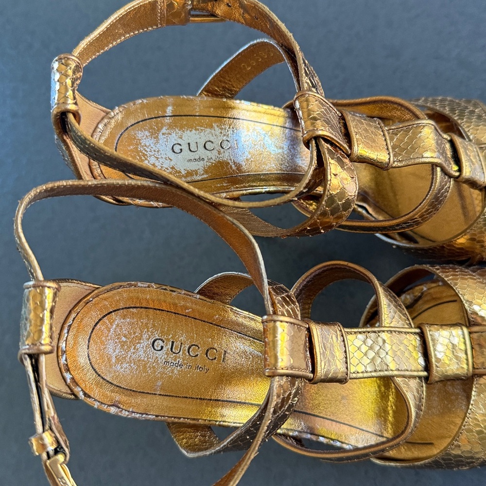 💯 AUTH GUCCI Animal Snake Leather Metallic Gold Bronze Sandals Heels Size 37.5 - Picture 4 of 10